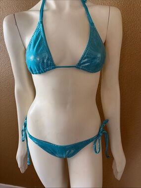 Shimmery Teal Tie-Side Triangle Bikini Top & Bottom